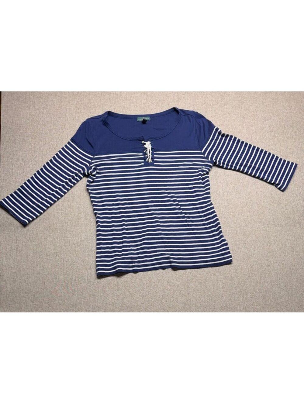 Lauren Ralph Lauren Women's Large Blue White Stripe Lace Up 3/4 Sleeve Top L